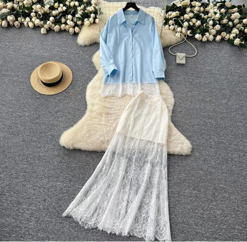 Women Lacey Skirts With Lace Detail Collar Down Shirts